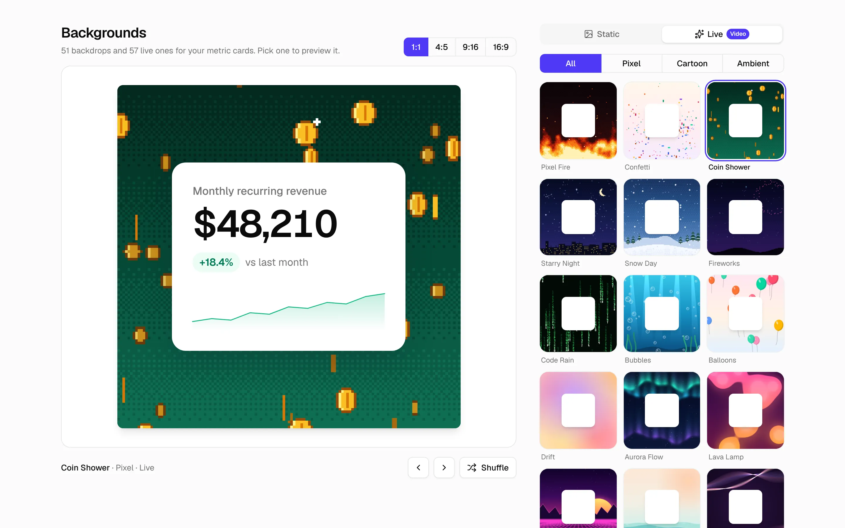 The Pretty Metrics backdrop browser previewing an MRR card on the animated Coin Shower backdrop, beside a grid of live backdrops