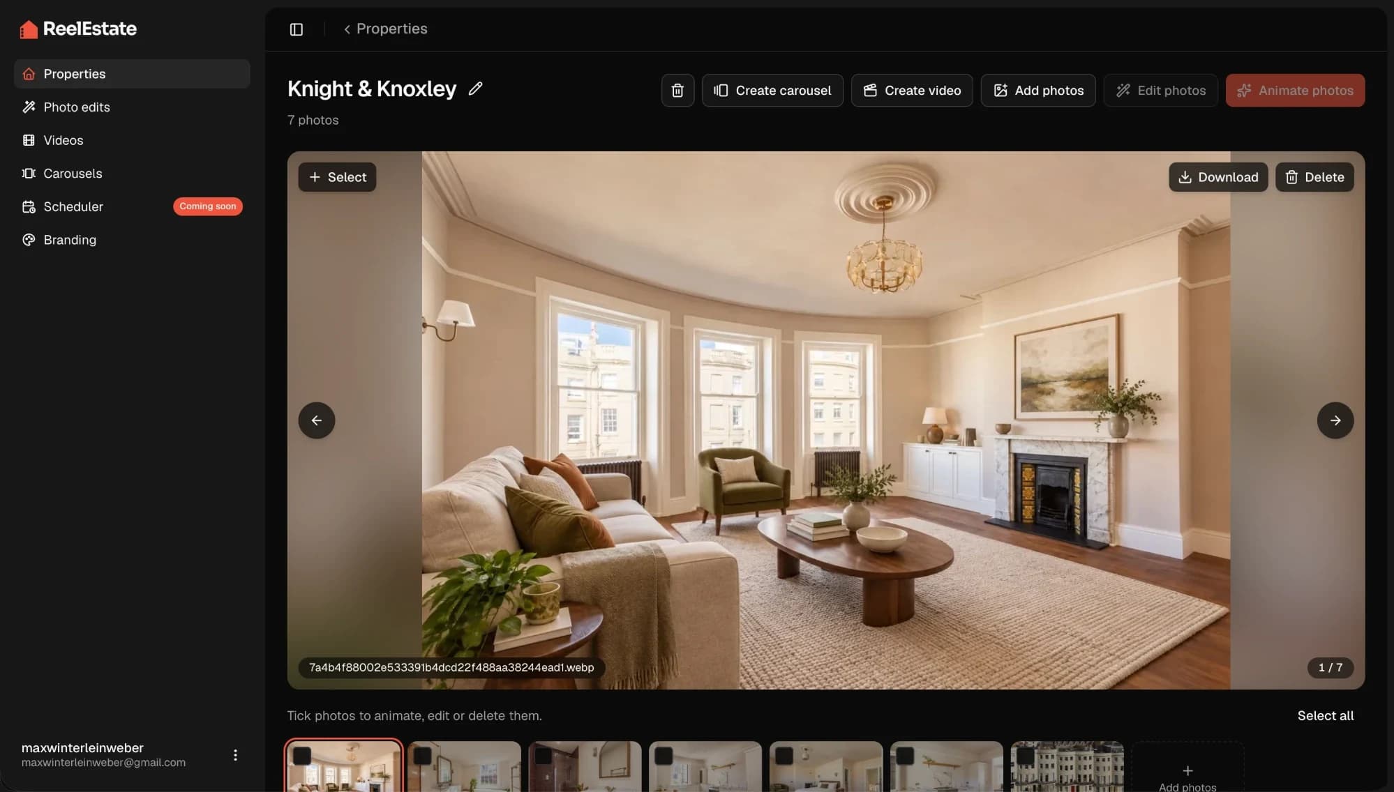 A property in the ReelEstate app: a living room photo in the viewer, a strip of listing photos to tick, and buttons to create a carousel or video, edit or animate photos