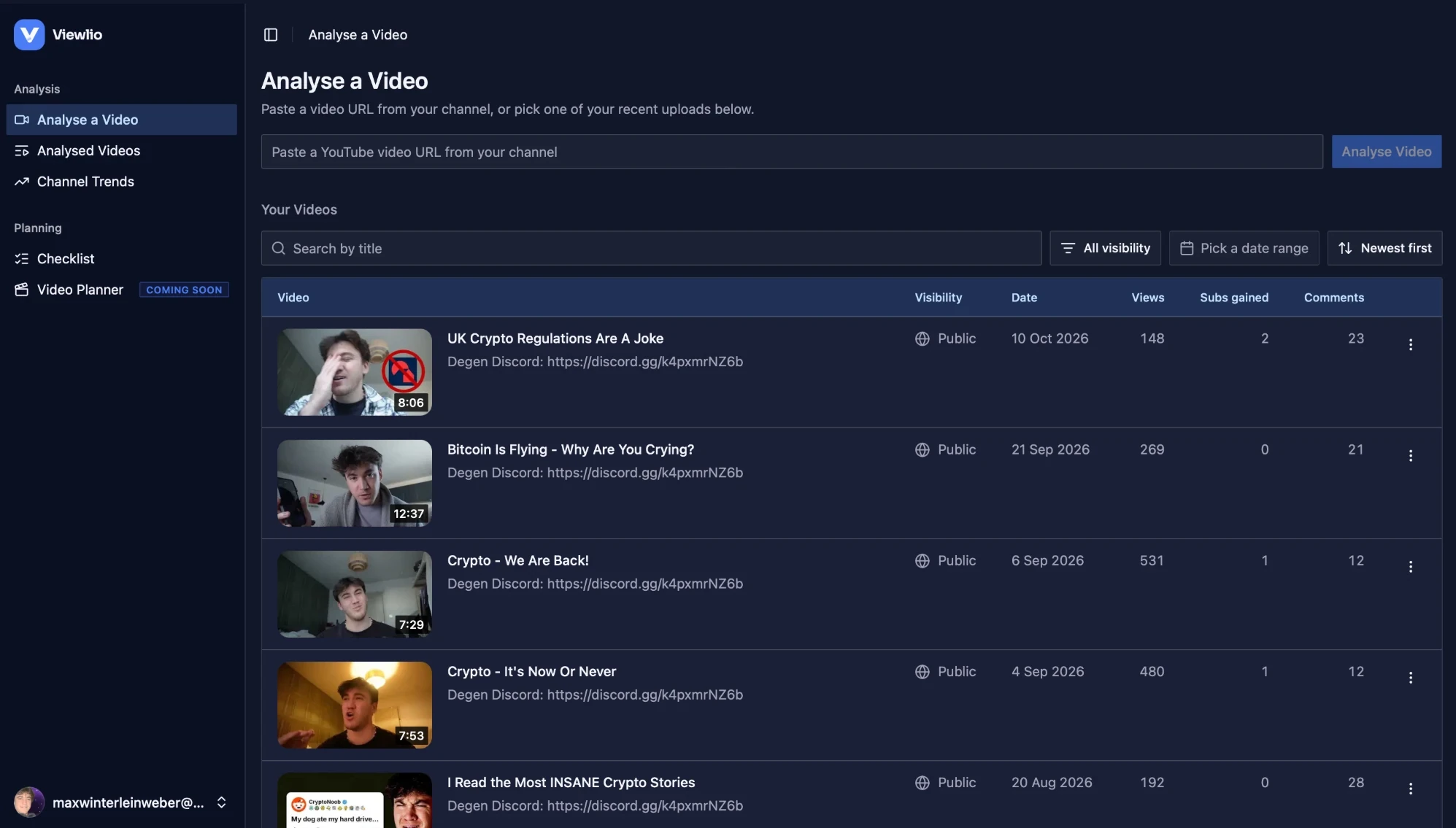 Viewlio's Analyse a Video page: a field for a YouTube link above the creator's recent uploads with their views, subscribers gained and comments