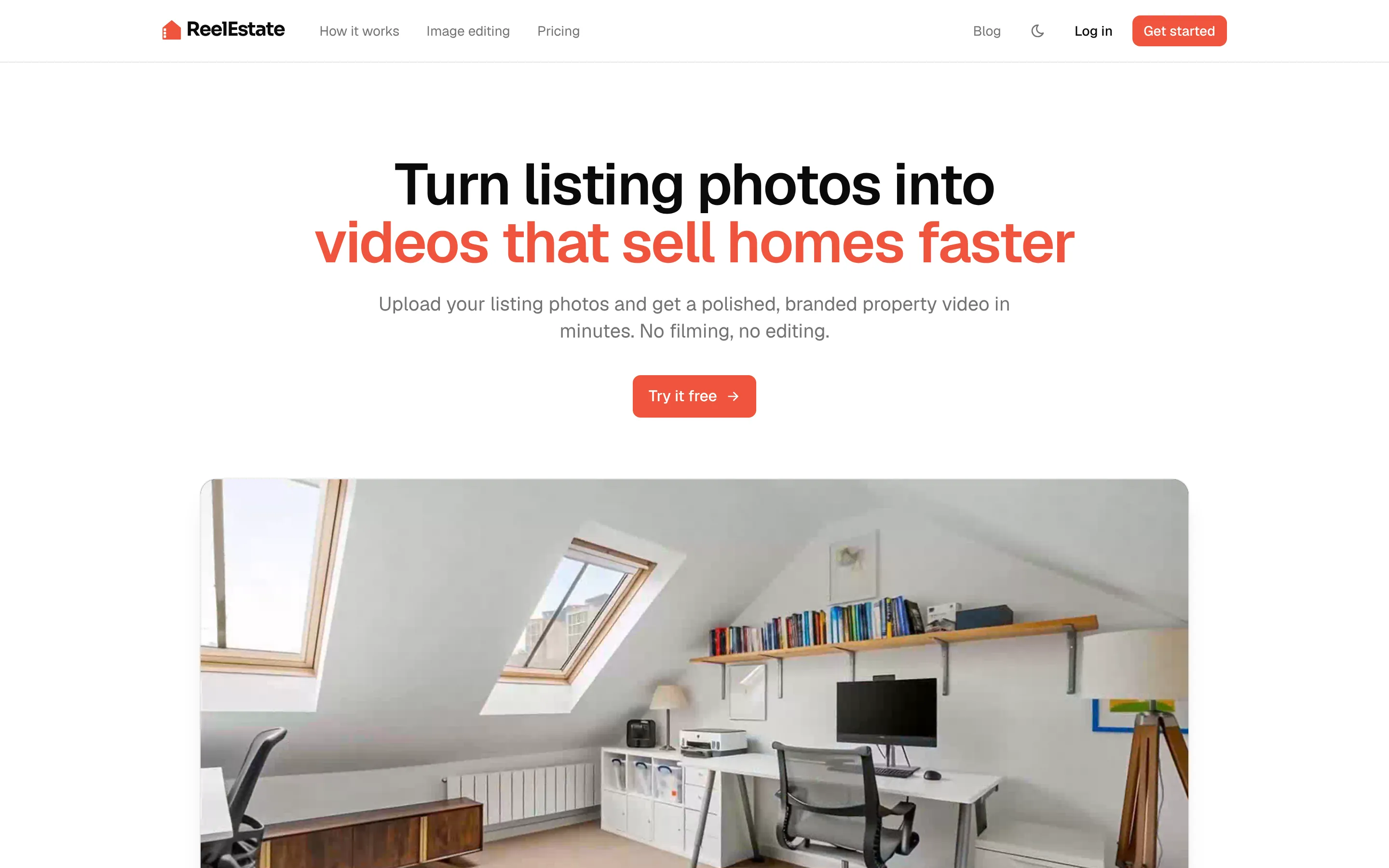 The ReelEstate home page: the headline Turn listing photos into videos that sell homes faster, above a property video of a loft office