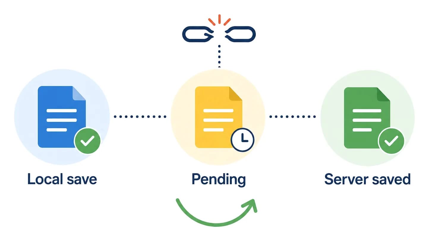 A document moves from a local save, through a pending state while the connection is broken, to saved on the server, with an arrow showing the retry.